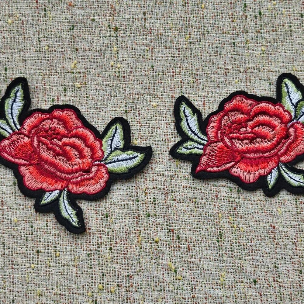 Iron On Patch Red Flower Patches for Clothes Jacket Jeans Embroidery Lot of 2